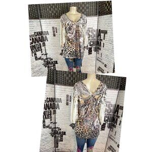 Simply Irresistible XL Vanilla-Brown Artsey Animal Print V-Neck 3/4 Sleeve Top